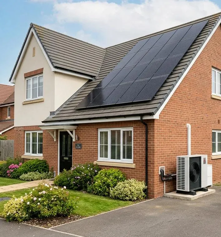 House with solar panels and an air source heat pump